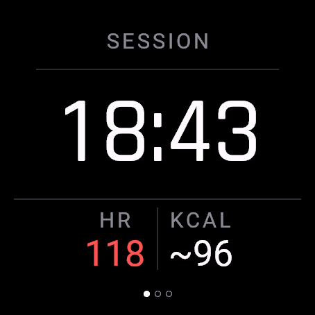 Session: timer 18:43, heart rate 118, about 96 kcal