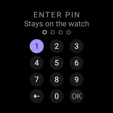 PIN keypad with the note that the PIN stays on the watch